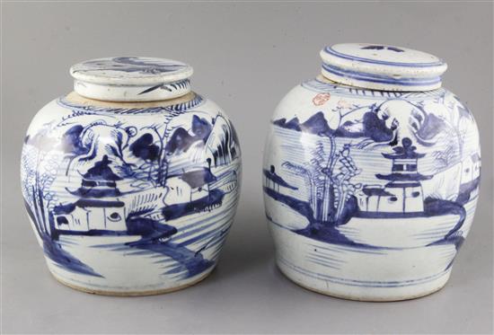 Two Chinese blue and white ovoid jars and covers, 19th century, height 21.5cm and 23.5cm